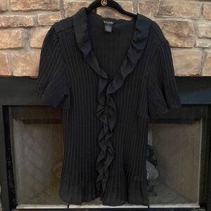 Sunny Taylor black blouse with ruffled, draped front with hidden buttons. 1X